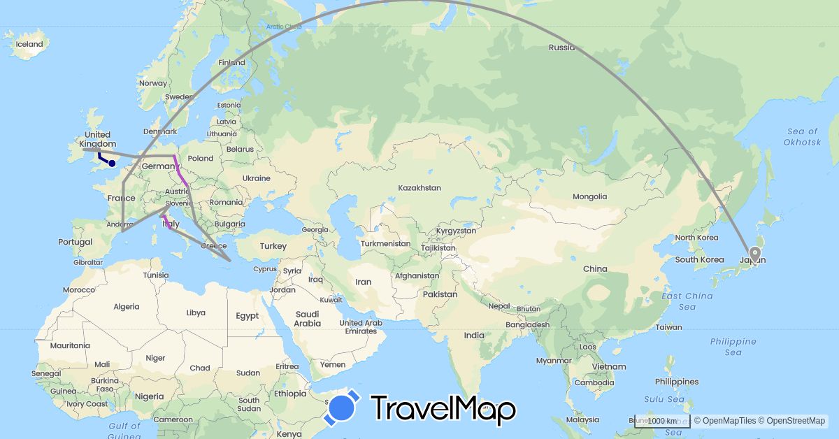 TravelMap itinerary: driving, plane, train in Austria, Czech Republic, Germany, Spain, France, United Kingdom, Greece, Croatia, Ireland, Italy, Japan, Netherlands (Asia, Europe)